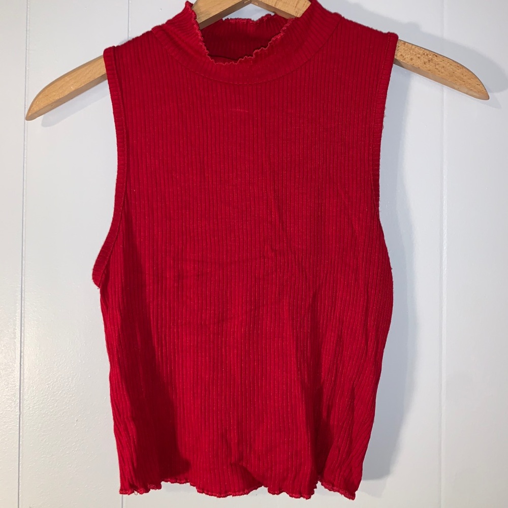 Red Tank Top with Lettuce Hem Mock Neck